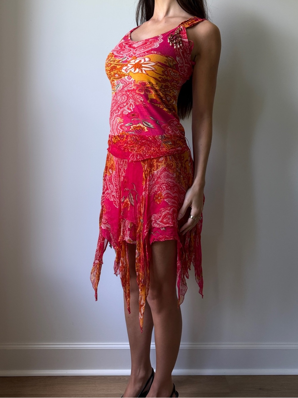 René Derhy Fairy Dress Pink Orange Paisley Floral Handkerchief Hem Y2K Size M